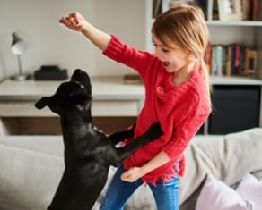 Child playing with dog