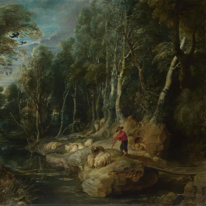 A Shepherd with his Flock in a Woody Landscape