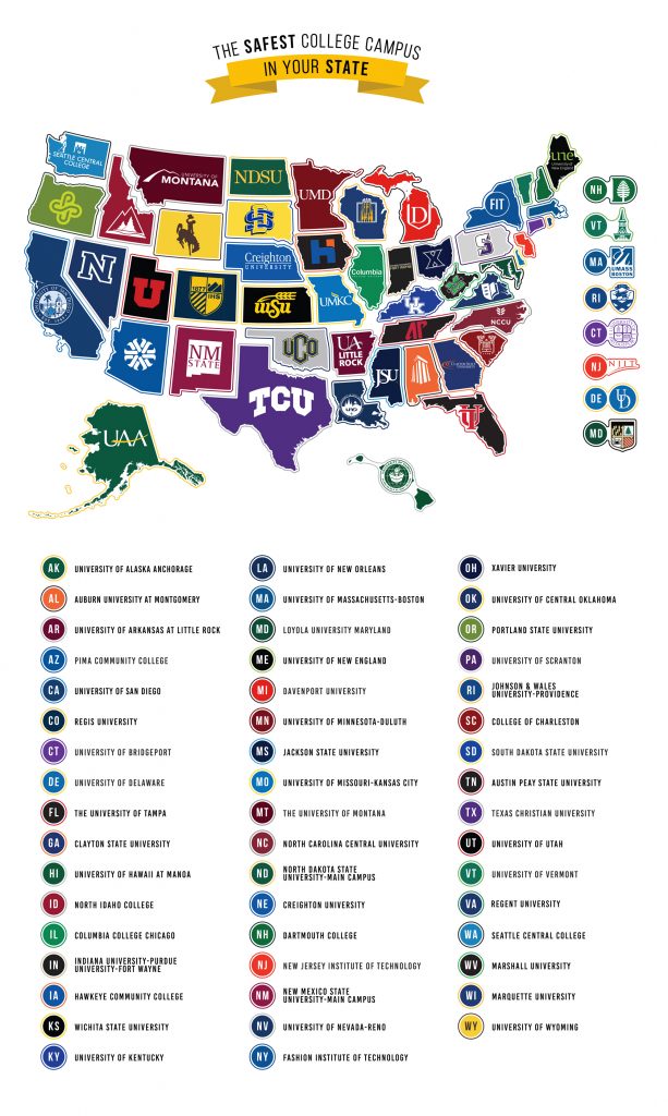 Image showing the safest college campus in each state.