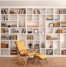 Home library bookshelf with lounge chair in front