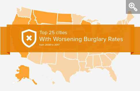 Graphic of United States with worsening burglary rates banner